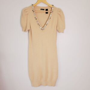 Moda International Angora Rabbit Hair Tan Jeweled Puff Short Sleeve Dress Large